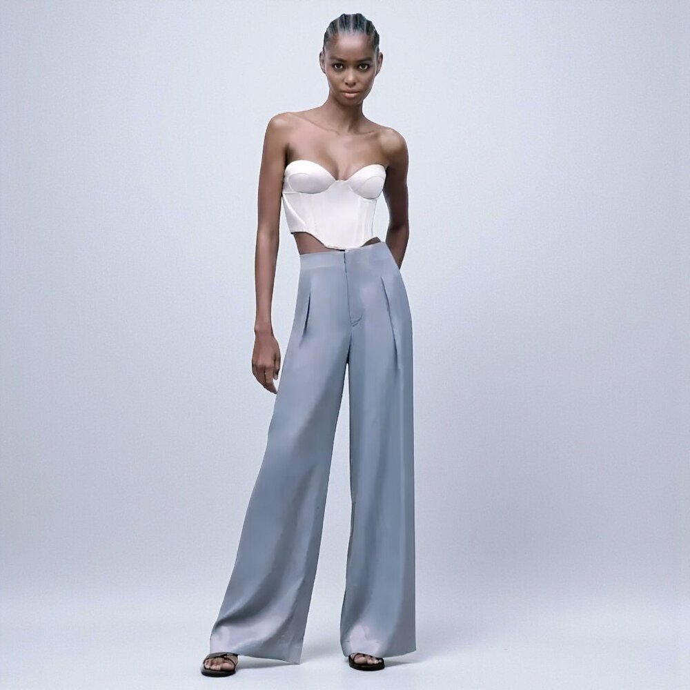 Zara Gray Blue Satin Wide Leg Pants High Rise Trousers Small NWT